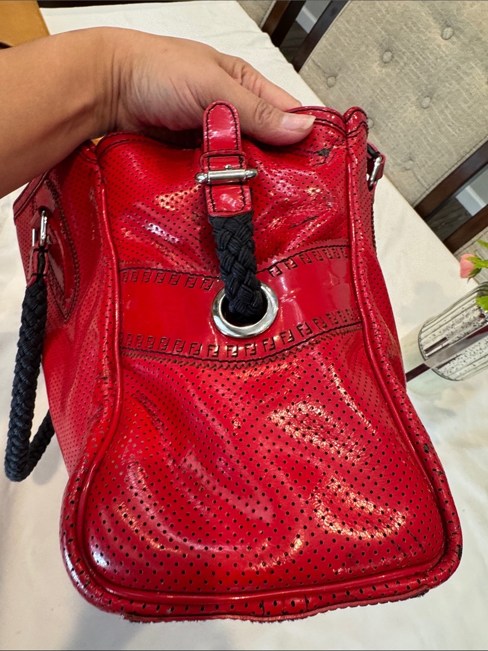 Authentic Fendi Red Patent Satchel with Black Braided Handles - Picture 6 of 17